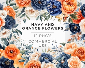 Watercolor Navy & Orange Floral Clipart: Roses, Peonies (Digital Download)