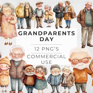Happy Grandparents Day Clipart, Watercolor Grandpa and Grandma, Elderly Couple, Nana, Transparent PNG, DIGITAL DOWNLOAD, Commercial Use