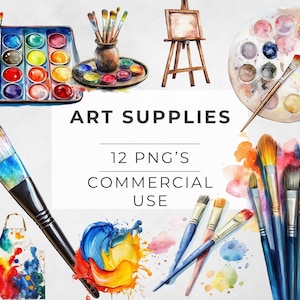 Fournitures artistiques Clipart aquarelle, Pinceau, Pinceaux d'artiste, Palette de peinture, chevalet, Motifs par sublimation, Usage commercial, PNG transparents