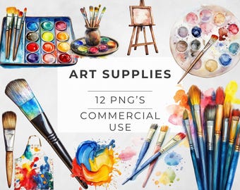 Watercolor Art Supplies Clipart: Brushes, Palette, Easel (PNG)