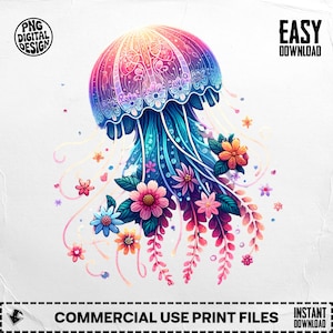 Jellyfish PNG, Jellyfish Clipart, Floral Jellyfish, Ocean Png, Sea Life Png, Under the Sea, Sublimation Png, Digital Download