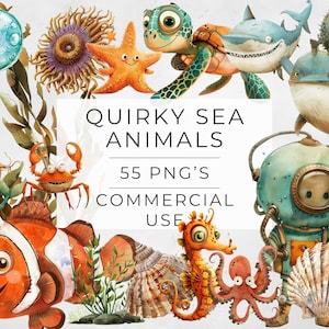 Imágenes prediseñadas de animales marinos extravagantes, tiburón, pez globo, delfín, cangrejo, estrella de mar, imágenes de sublimación, acuarela, uso comercial, PNG transparente