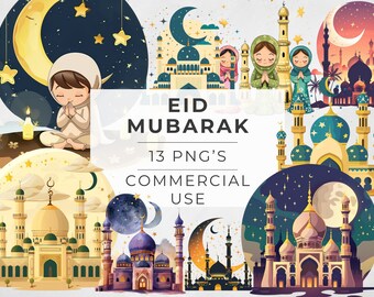 Eid Mubarak Clipart, Islam, Ramadan Decor, Arabic Sublimation Illustration, Watercolor, Transparent PNG, Digital Download, Commercial Use