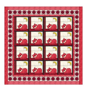 May include: A quilt pattern for a sleeping cat quilt. The pattern features a red cat sleeping on a yellow crescent moon. The quilt is 92 inches by 92 inches.