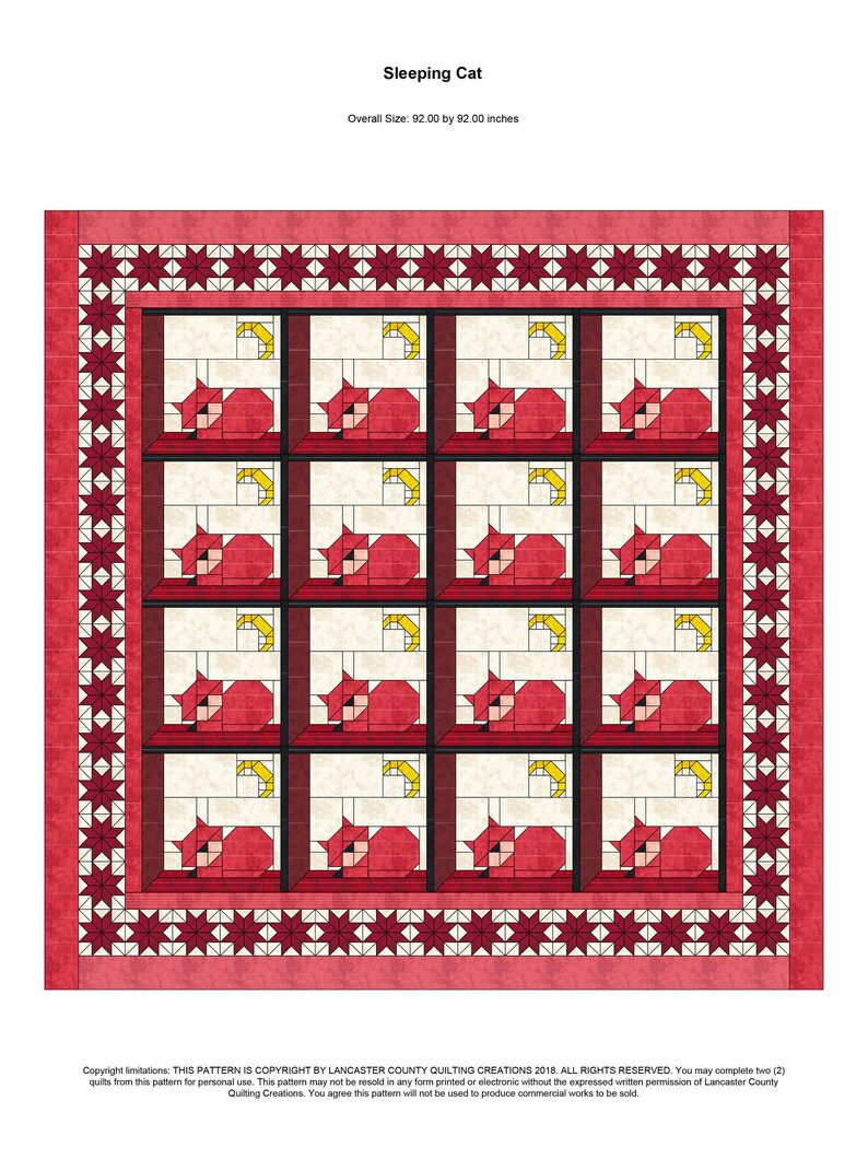 May include: A quilt pattern for a sleeping cat quilt. The pattern features a red cat sleeping on a yellow crescent moon. The quilt is 92 inches by 92 inches.