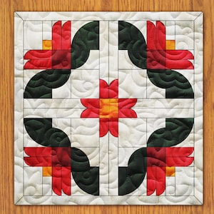 May include: A quilt block with a traditional pattern featuring red, green, and white fabric. The block is made up of curved and straight lines, creating a geometric design.