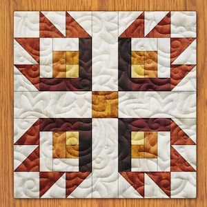 Peut inclure: Un bloc de courtepointe avec un motif géométrique dans des tons de brun, orange et blanc. Le bloc est composé de carrés et de triangles, et le tissu est matelassé avec un motif en spirale.