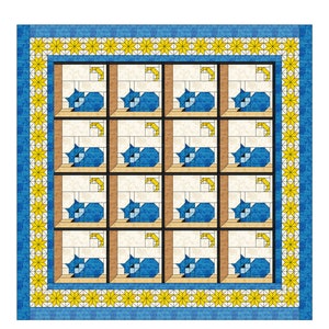 May include: A quilt pattern for a quilt featuring a repeating pattern of sleeping cats in blue, yellow, and brown. The quilt is 92 inches by 92 inches. The pattern is copyright 2018 by Lancaster County Quilting Creations.