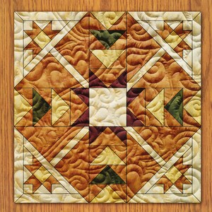 Könnte beinhalten: Ein Quiltblock mit einem geometrischen Muster in Braun-, Grün- und Weißtönen. Der Block besteht aus Quadraten, Dreiecken und Rauten und ist mit Schwarz umrandet.