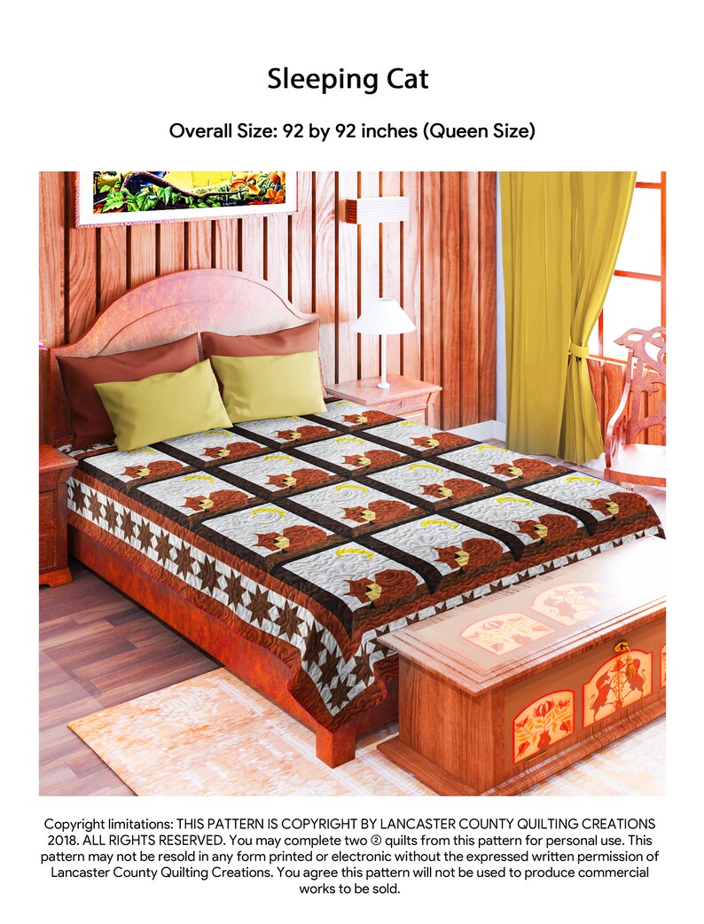 May include: A queen-sized quilt with a brown and white patchwork design featuring a sleeping cat motif. The quilt is displayed on a bed with brown and beige pillows. The quilt is made by Lancaster County Quilting Creations. "THIS PATTERN IS COPYRIGHT BY LANCASTER COUNTY QUILTING CREATIONS 2018. ALL RIGHTS RESERVED."