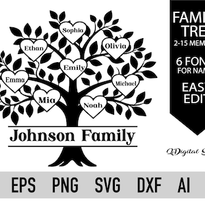 Árbol genealógico svg paquete 2-15 miembros árbol de la vida svg, familia svg árbol del corazón svg, rama del árbol genealógico, árbol genealógico cricut árbol svg