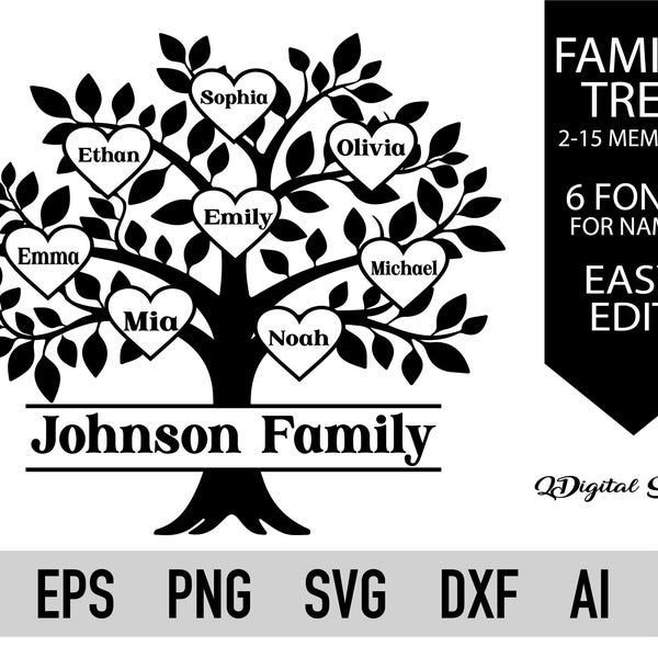 Family Tree Svg Bundle 2-15 Members Tree Of Life Svg, Family Svg Heart Tree Svg, Family Tree Branch, Family Tree Cricut Tree Svg