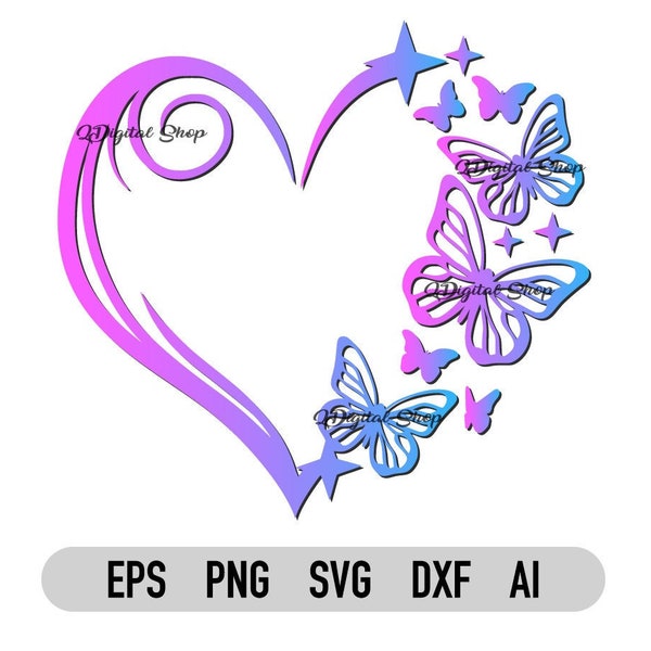 Sparkly Heart Butterfly PNG, Svg, Love Svg, Heart Svg, Sublimation Design, Svg file for Cricut, Silhoeutte, Heat Transfer, Vector File