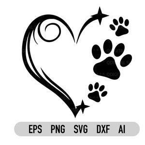 Paw Print Heart Svg, Png, Dxf, voor Cricut, Silhouet, Clipart, Instant Download, Hondenliefhebber Svg