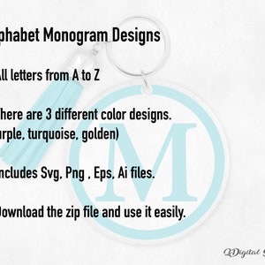 May include: A digital download of alphabet monogram designs in three colors: purple, turquoise, and golden. The image shows a sample monogram with the letter M in a turquoise circle. The download includes SVG, PNG, EPS, and AI files.