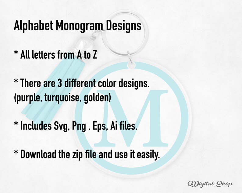 May include: A digital download of alphabet monogram designs in three colors: purple, turquoise, and golden. The image shows a sample monogram with the letter M in a turquoise circle. The download includes SVG, PNG, EPS, and AI files.