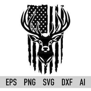 Puede incluir: Silueta en blanco y negro de una cabeza de ciervo con cuernos, superpuesta sobre un diseño de bandera estadounidense desgastado.