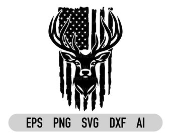 May include: Black and white silhouette of a deer head with antlers, superimposed over a distressed American flag design.