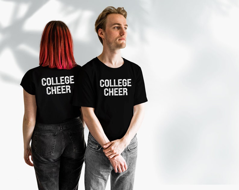 May include: Two people wearing black t-shirts with the text "COLLEGE CHEER" printed in white. The shirts are a matching set.