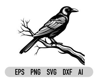 Kraai op boomtak Svg-bestand, Png-bestanden, Crow Clipart, Cricut, Crow Svg, silhouet, Vector Image, Bird Svg, Bird Png