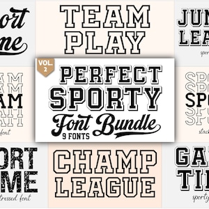 Puede incluir: Una colección de nueve fuentes deportivas en blanco y negro. Las fuentes se muestran en varios estilos, incluyendo apiladas, desgastadas y delineadas. El texto incluye "Sport Game", "Team Play", "Junior League", "Perfect Sporty", "Champ League" y "Game Time".