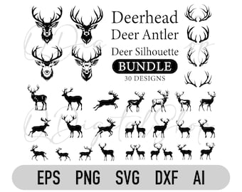 30 頭の鹿の SVG バンドル、鹿の角の SVG、鹿のシルエット、鹿の頭の SVG、Cricut 用の SVG ファイル、狩猟の SVG、DXF、鹿のベクター、PNG 昇華