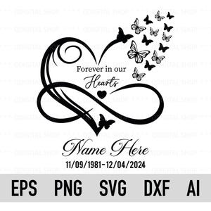 Forever In Our Hearts SVG PNG | Memorial Infinity Heart with Butterflies Svg | Editable In Loving Memory Cut File for Cricut & Silhouette