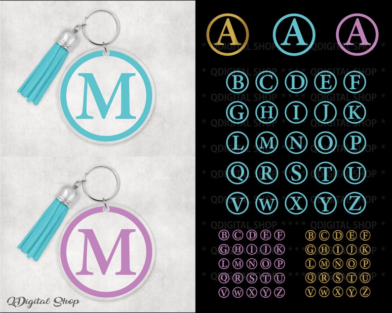 May include: Two keychains with a round, white background and a single letter in a larger font. The top keychain has a turquoise blue circle with the letter "M" in white. The bottom keychain has a purple circle with the letter "M" in white. Both keychains have a silver key ring and a turquoise blue tassel. The image also shows a grid of letters A through Z in different colors and styles.