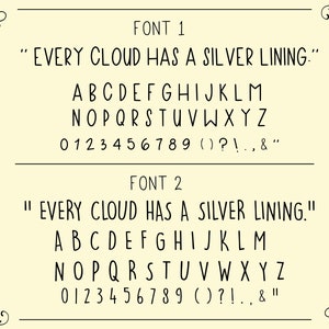 Puede incluir: Dos fuentes diferentes que muestran la frase "EVERY CLOUD HAS A SILVER LINING." El alfabeto y los n&uacute;meros se muestran en ambas fuentes.