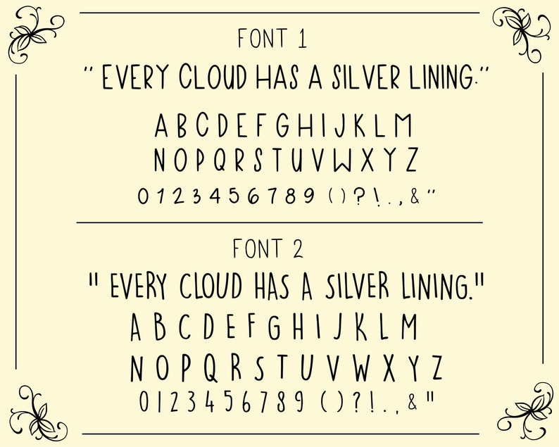 Puede incluir: Dos fuentes diferentes que muestran la frase "EVERY CLOUD HAS A SILVER LINING." El alfabeto y los n&uacute;meros se muestran en ambas fuentes.