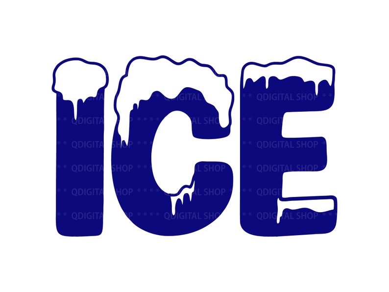 K&ouml;nnte beinhalten: Blaue "ICE"-Beschriftung mit einem wei&szlig;en Schneekappen-Design. Die Buchstaben haben einen tropfenden Eiszapfen-Effekt.