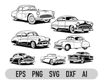 May include: Five black and white illustrations of vintage cars. The cars are all different models and have a classic look.