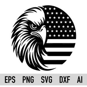 May include: A black and white graphic of an eagle's head and the American flag. The eagle's head is on the left, with the flag on the right. The image includes the text "EPS PNG SVG DXF AI".