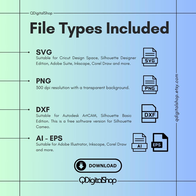 Pu&ograve; includere: Una grafica che mostra i tipi di file inclusi in un download digitale. I tipi di file sono SVG, PNG, DFX, AI ed EPS. La grafica &egrave; su uno sfondo sfumato blu e azzurro.