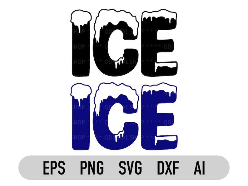 K&ouml;nnte beinhalten: Zwei Versionen des Wortes "ICE" in einer stilisierten Schriftart mit einem schneebedeckten, eiszapfenartigen Design. Die obere Version ist schwarz mit wei&szlig;em Schnee und die untere Version ist blau mit wei&szlig;em Schnee.