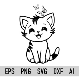 May include: A black and white cartoon illustration of a smiling cat with two butterflies above its head. The cat has stripes and a happy expression. Below the cat are the words "EPS PNG SVG DXF AI" in a gray rectangle.