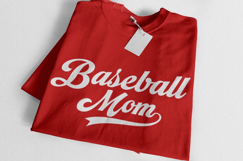 May include: Red t-shirt with white text that says "Baseball Mom" in a retro font.