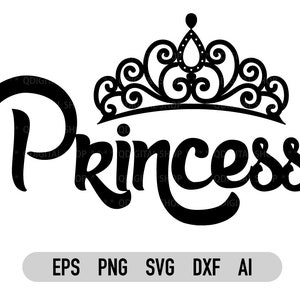 May include: Black and white silhouette of a princess crown with the word "Princess" in a stylized font.
