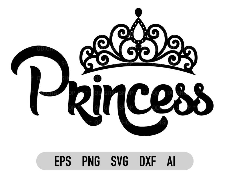 May include: Black and white silhouette of a princess crown with the word "Princess" in a stylized font.