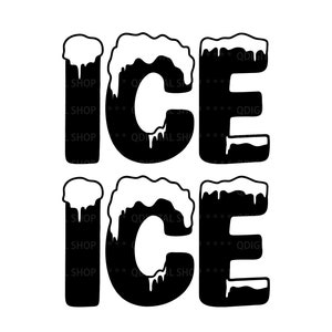 K&ouml;nnte beinhalten: Zwei schwarz-wei&szlig;e Bilder des Wortes "ICE" mit einem schneebedeckten, tropfenden Effekt auf jedem Buchstaben.