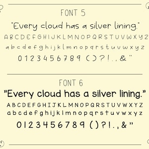 Puede incluir: Se muestran dos fuentes manuscritas diferentes, etiquetadas como "Fuente 5" y "Fuente 6", con la frase "Every cloud has a silver lining." Se muestra el alfabeto, los n&uacute;meros y los signos de puntuaci&oacute;n para cada fuente.