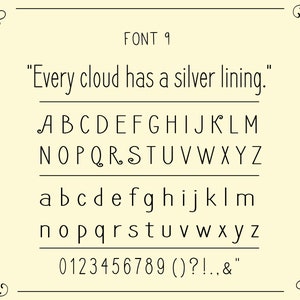 Puede incluir: Un gr&aacute;fico de fuente con el texto "FONT 9" y la frase "Every cloud has a silver lining." El gr&aacute;fico muestra el alfabeto en may&uacute;sculas y min&uacute;sculas, los n&uacute;meros del 0 al 9 y los signos de puntuaci&oacute;n.