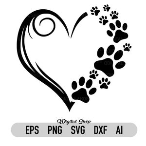 Heart and Paw Svg, Png, Dxf, Dow Paw Svg, Cat Paw Svg, Dow Love Svg, Fichier coupé pour Cricut, Silhouette, Clipart, Téléchargement instantané