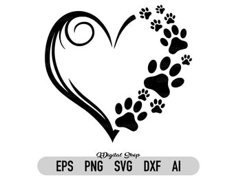 Hjärta och tass Svg, Png, Dxf, Dow Paw Svg, Katttass Svg, Dow Kärlek Svg, Klippfil för Cricut, Silhuett, Clipart, Direktnedladdning