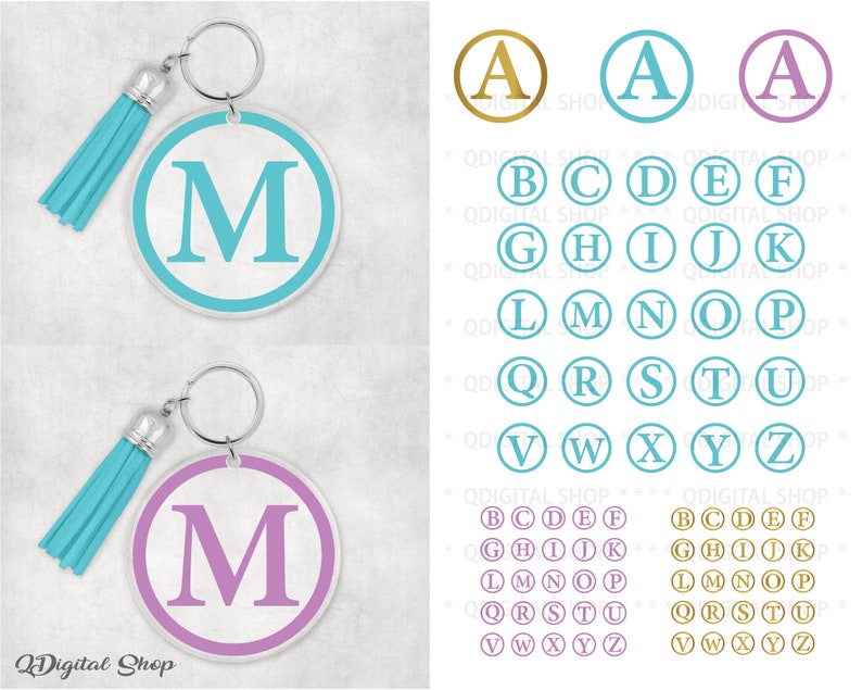 May include: Two keychains with a turquoise and a purple circle with a white letter M inside. The keychains have a turquoise and a purple tassel. The image also shows a chart of the alphabet with turquoise, purple, and gold circles with white letters inside.