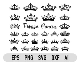 May include: A collection of black crown designs in various styles, including ornate and simple tiaras. The word "Princess" is written in a script font. File formats EPS, PNG, SVG, DXF, and AI are listed at the bottom.