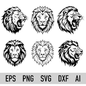 Paquete SVG cara de león, silueta de león, archivo cortado para Cricut, archivo cortado por láser, sublimación png, imágenes prediseñadas de león, vector de león, Dxf, Pdf, Eps