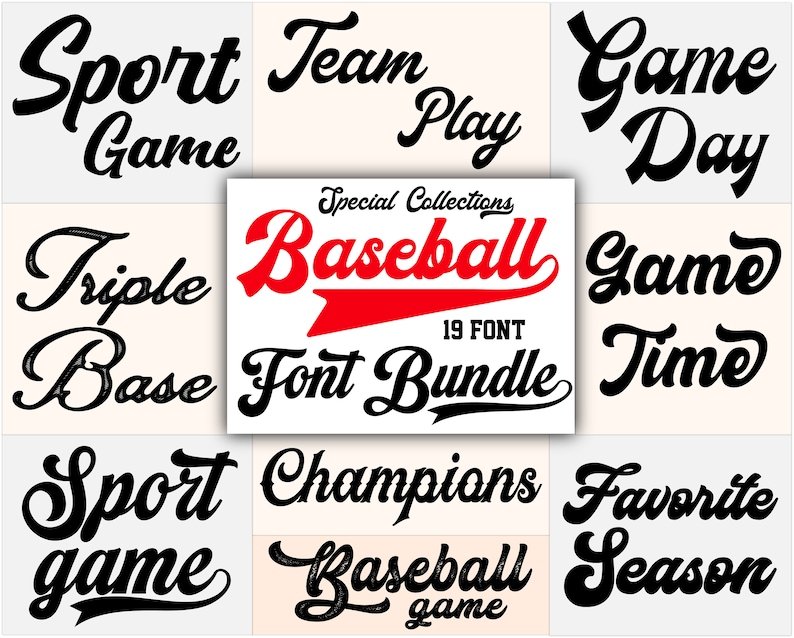 May include: A collection of 19 baseball-themed fonts in a bundle. The fonts are in a retro style and feature words like "Sport Game", "Triple Base", "Game Time", and "Champions".