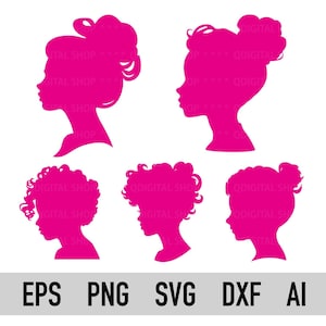 Puede incluir: Conjunto de cuatro imágenes de silueta rosa de mujeres con diferentes peinados. Las imágenes están en un estilo simple y moderno y serían perfectas para usar en una variedad de proyectos, como scrapbooking, creación de tarjetas o diseño digital.