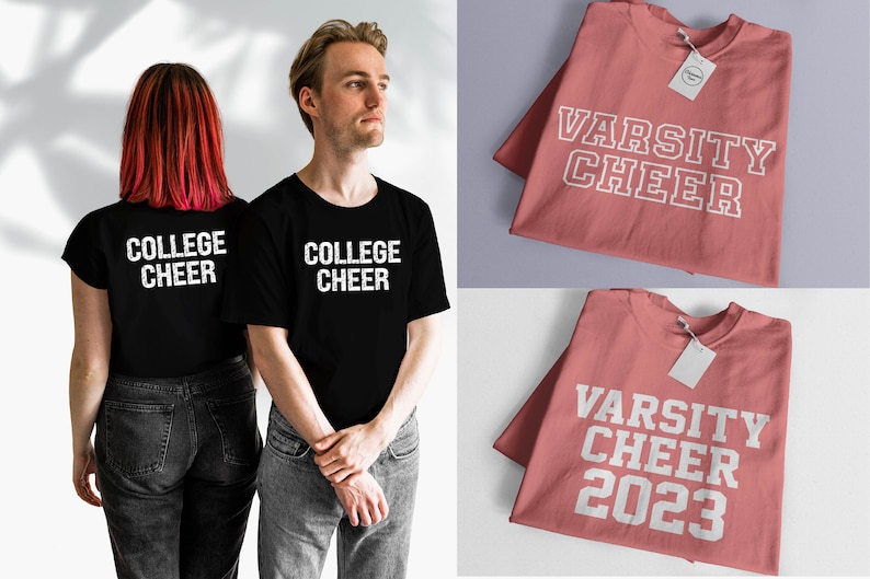 May include: Two black t-shirts with white text that says "College Cheer". Two pink t-shirts with white text that says "Varsity Cheer" and "Varsity Cheer 2023".